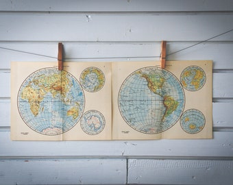 1956 Vintage World Hemispheres Map