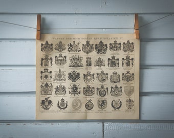 1887 Vintage Coats of Arms Lithograph Illustration