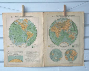 1941 Vintage World Hemispheres Map