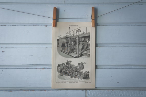 1907 Vintage Cable Laying Machine Lithograph Illustration