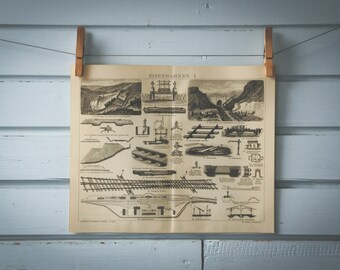 1887 Vintage Railway Construction Lithograph Illustration