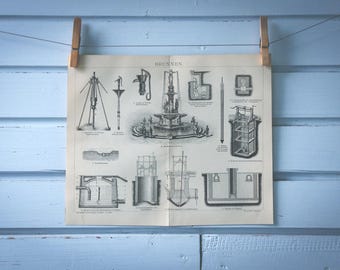 1882 Vintage Fountains Lithograph Illustration