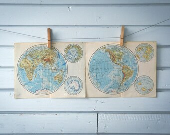 1951 Vintage World Hemispheres Map