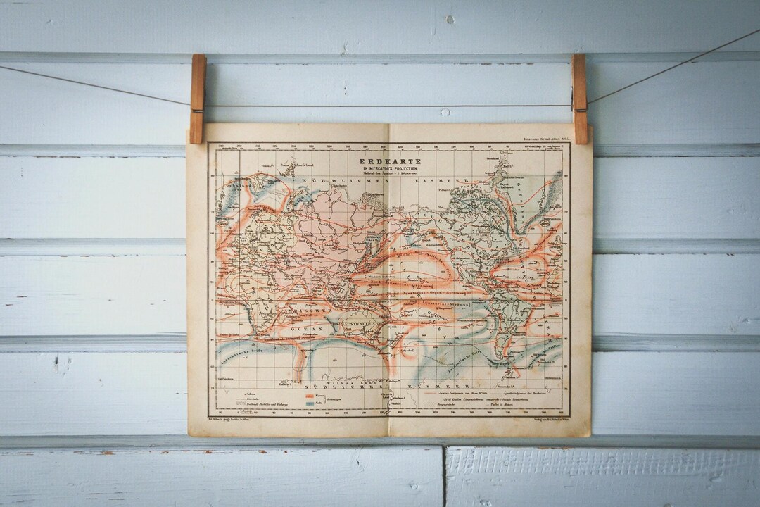 1897 Vintage Ocean Currents Map of the World - Etsy UK