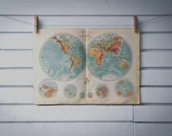 1952 Vintage World Hemispheres Map