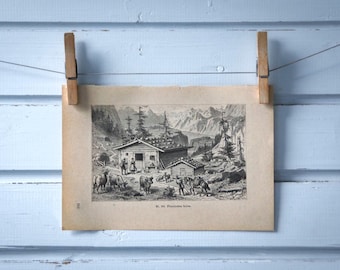 1890 Vintage Swiss Alpine Hut Lithograph Illustration