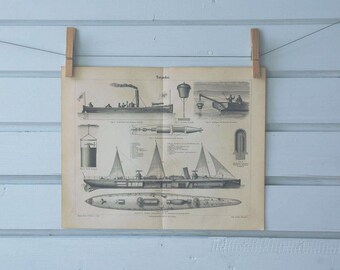 1890 Vintage Torpedo Lithograph Illustration