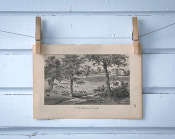 1890 Vintage English Country House Lithograph Illustration