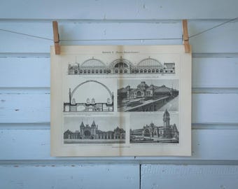 1907 Vintage Train Station Lithograph Illustration