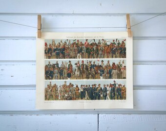 1907 Vintage Military Uniforms Chromolithograph Illustration