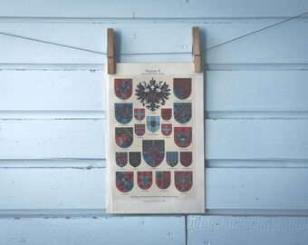 1907 Vintage European Coats of Arms Chromolithograph Illustration