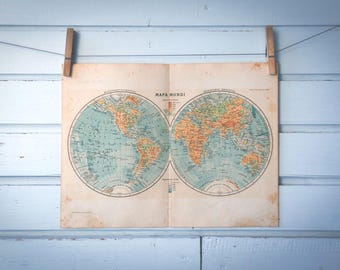 1937 Vintage World Hemispheres Map