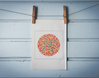 1986 Vintage Number 16 Ishihara Color Test Plate