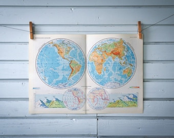 1967 Vintage World Hemispheres Map