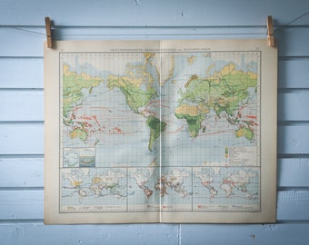 1901 Vintage World Map of Vegetation & Ocean Currents