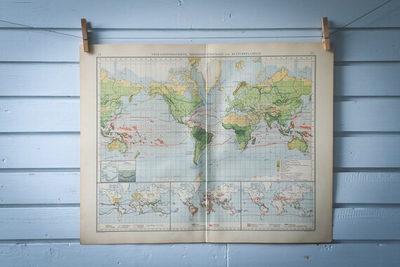 1901 Vintage World Map of Vegetation & Ocean Currents