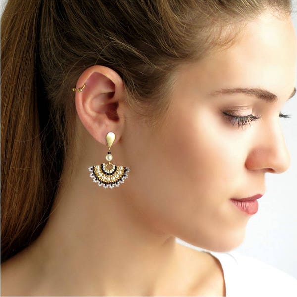 Black-white-gold large stud earrings, Fan dangle earrings, Handmade beaded earrings