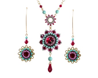 Flower jewelry set, Colorful necklace and earrings, Fashion jewelry set for women, Beaded handmade jewelry, Unique jewelry set