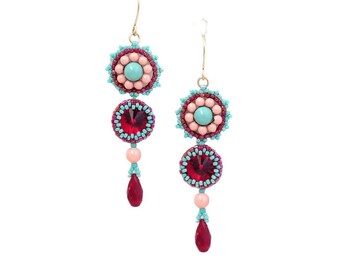 Long earrings dangle, Colorful earrings, Swarovski crystal turquoise and red drop earrings, Beaded earrings, Prom earrings for women
