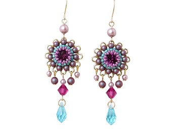 Swarovski Crystal and Pearl Chandelier Earrings, Long Drop in Turquoise and Pink, Boho Chic Fashion for Women, Unique Statement Accessory