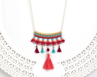 Colorful tassel necklace, Boho pendant necklace for women, Dangle beaded necklace