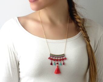 Turquoise and red long bohemian pendant necklace for women, Unique boho colorful tassel necklace beaded, Fashion handmade necklace