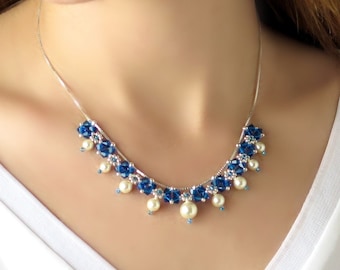 Blue and white Swarovski crystal and pearl silver necklace, Delicate elegant beaded necklace for women, Blue wedding day jewelry