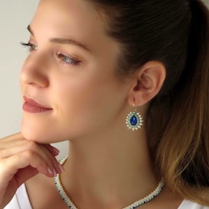 Swarovski Crystal & Pearl, Handmade Blue Teardrop Earrings, Vintage Style for Women, Unique Beaded Jewelry