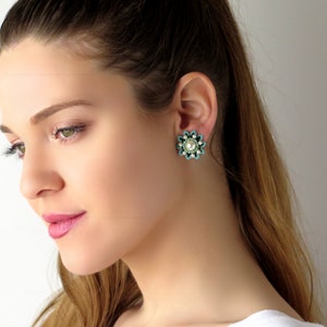 Flower stud earrings, Large post earrings, Turquoise & black earrings, Romantic earrings, Unique stud earrings, Feminine earrings