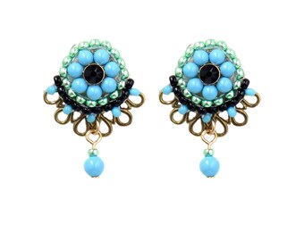 Unique stud earring, Post cute earring, Turquoise and black funky earrings, Pretty beaded jewelry for women