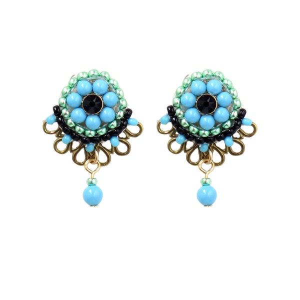 Unique stud earring, Post cute earring, Turquoise and black funky earrings, Pretty beaded jewelry for women