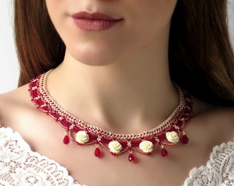 Red statement necklace, Beaded necklace handmade, Victorian style romantic necklace, Special occasion jewelry, Wedding necklace for women