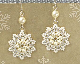Swarovski Pearl Drop Silver Earrings, Handcrafted Snowflake Design, Delicate Beaded Dangle, Unique Handmade Jewelry for Christmas 2024