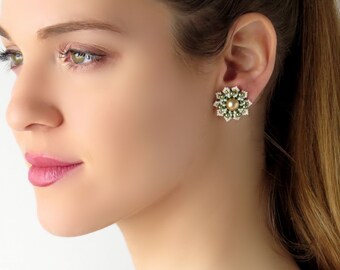 Flower stud earrings, Large post earrings, Green and gold earrings, Romantic earrings, Unique stud earrings, Feminine earrings