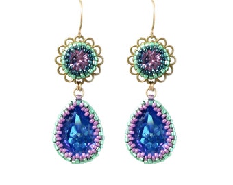 Swarovski Teardrop Earrings - Fancy Blue and Purple, Elegant Jewelry for Special Occasions, Handmade with Unique Design