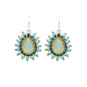Swarovski crystal teardrop earrings, Turquoise pearl earrings, Mom gift ideas, Green & gold earrings, Victorian style earrings
