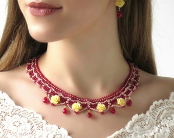 Flower beaded necklace, Red statement necklace, Victorian style necklace, Wedding necklace for women, Romantic necklace gifts for mom