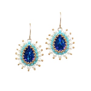 Blue teardrop earrings, Swarovski Crystal and pearl earrings, Vintage style earring, Handmade beaded earrings for women