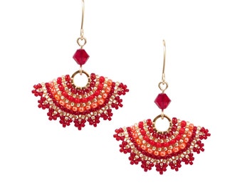Red and orange fan beaded earrings, Unique seed bead earring, Birthday gift for women, Handmade beaded earrings