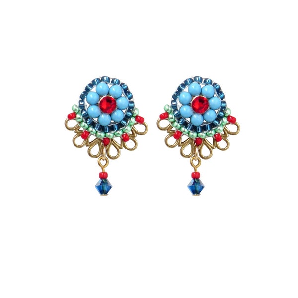 Post cute earring, Women unique stud earring, Turquoise and red funky earrings, Sweet 16 jewelry, Pretty beaded jewelry for women