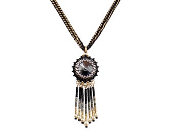Blake and gold fringe necklace for women, Beaded tassel Swarovski crystal boho chic necklace