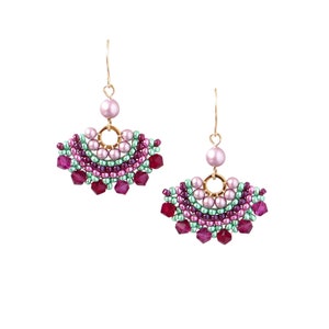 Pink & green earrings, Fan earrings, Swarovski crystal and pearl beaded earrings for women, Pastel earrings , Colorful earrings dangle