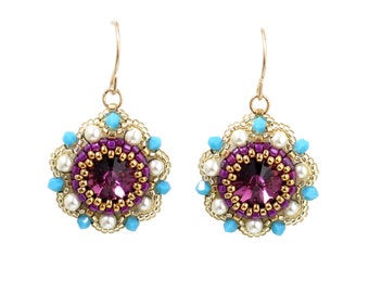 Victorian style earrings, Purple Swarovski crystal and pearl earrings, Antique style earrings, Colorful handmade beaded jewelry