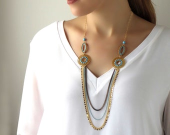 Statement layer necklace, Multilayered gold necklace, Long layered beaded necklace, Blue and gold necklace, Three layer necklace