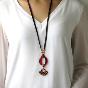 Long statement necklace, Red and black  necklace, Pendant necklace handmade, Leather necklace, Unusual necklace, Acrylic pendant necklace