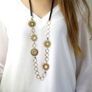Gold Plated Long Pendant Necklace, Statement Large Link Chain with  Beads, Fashion Jewelry for Women in Gray and Mustard Flower