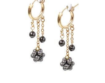 Dangly hoop earring, Gray pearl earrings, Unique hoop earrings for women, Gold-filled dangle earrings, Handmade beaded earrings