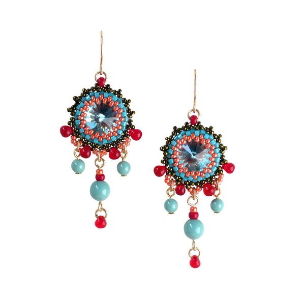 Turquoise and red chandelier earrings, Colorful earrings, Swarovski crystal beaded earrings, Dangle earrings for women, Gift for wife