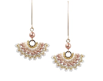Long Swarovski rose gold pearl bridal earrings, Unique wedding earrings, Beaded fan earrings