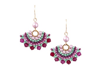 Pink & green earrings, Fan earrings, Swarovski crystal and pearl beaded earrings for women, Pastel earrings , Colorful earrings dangle